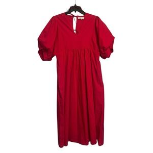ENGLISH FACTORY Bow Tie Midi Dress Medium In Red Puff Sleeve